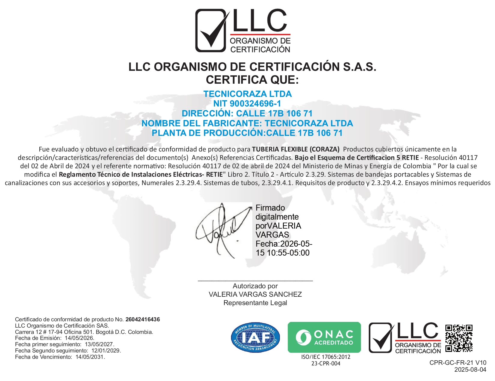 Inicio Certificado de calidad coraza americana Tecnicoraza